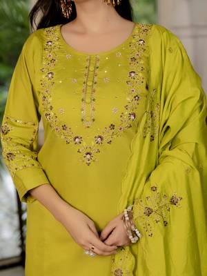 Mustard embroidered marina silk straight kurti pant dupatta set 3