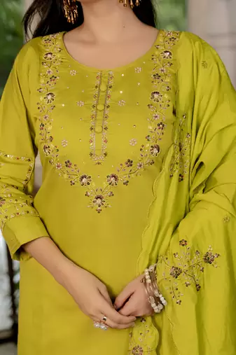 Mustard embroidered marina silk straight kurti pant dupatta set