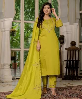 Mustard embroidered marina silk straight kurti pant dupatta set 4