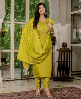 Mustard embroidered marina silk straight kurti pant dupatta set 5
