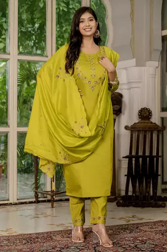 Mustard embroidered marina silk straight kurti pant dupatta set