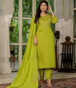Perrot embroidered marina silk straight kurti pant dupatta set