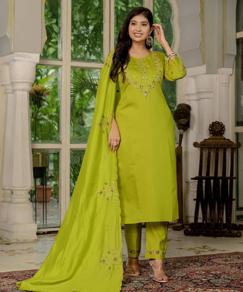 Perrot embroidered marina silk straight kurti pant dupatta set