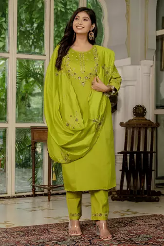 Perrot embroidered marina silk straight kurti pant dupatta set