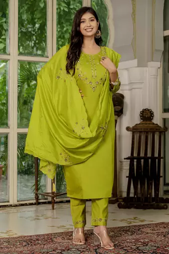 Perrot embroidered marina silk straight kurti pant dupatta set