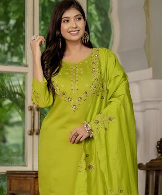 Perrot embroidered marina silk straight kurti pant dupatta set 4