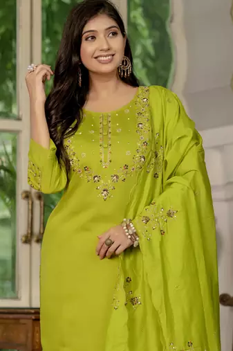 Perrot embroidered marina silk straight kurti pant dupatta set