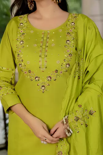 Perrot embroidered marina silk straight kurti pant dupatta set
