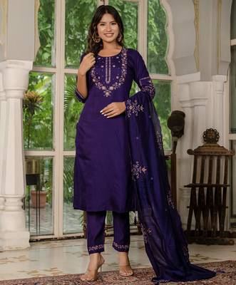 Violet embroidered marina silk straight kurti pant dupatta set 1