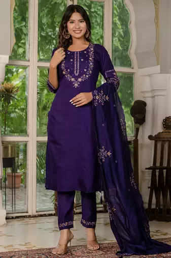 Violet embroidered marina silk straight kurti pant dupatta set