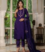 Violet embroidered marina silk straight kurti pant dupatta set
