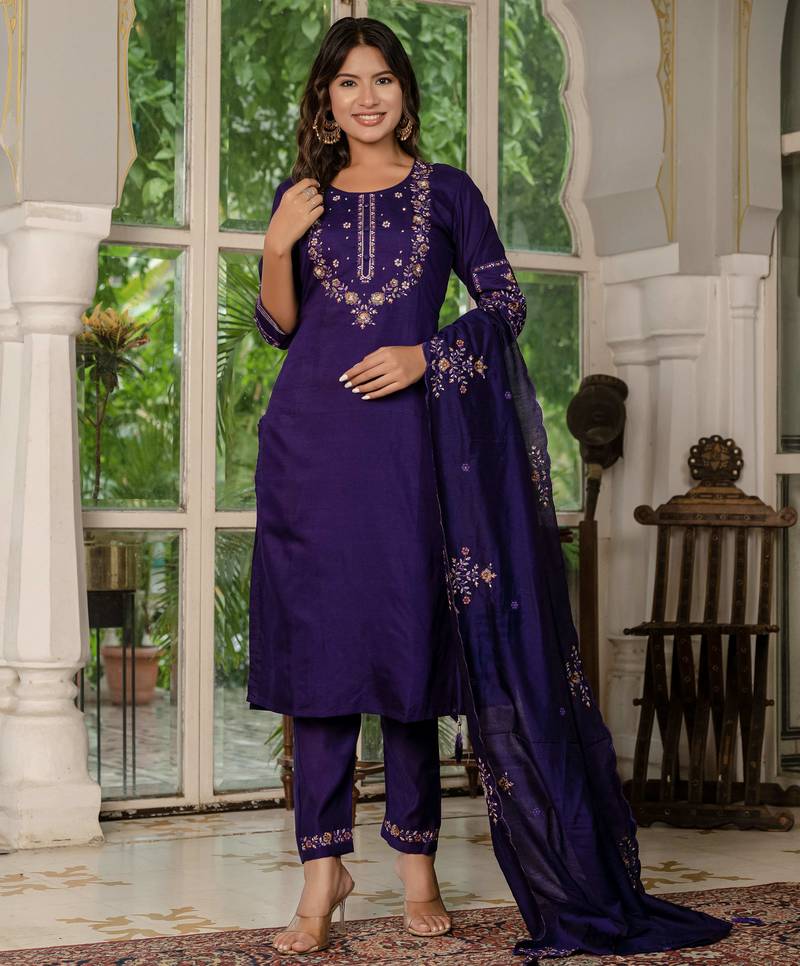 Violet embroidered marina silk straight kurti pant dupatta set