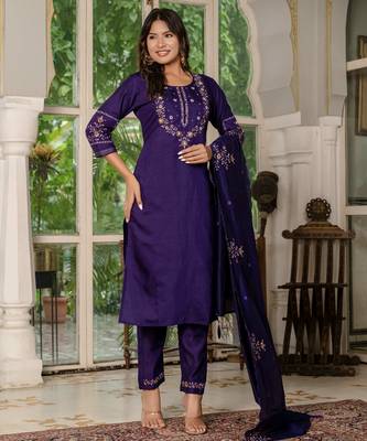 Violet embroidered marina silk straight kurti pant dupatta set 3