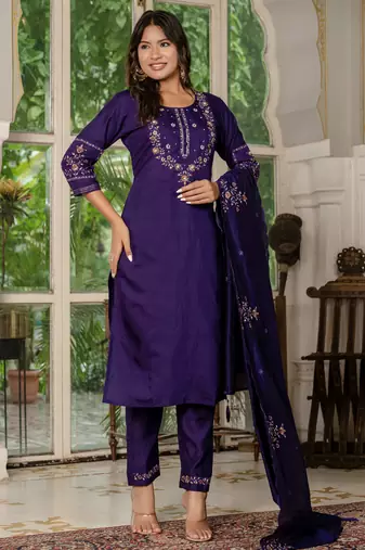 Violet embroidered marina silk straight kurti pant dupatta set
