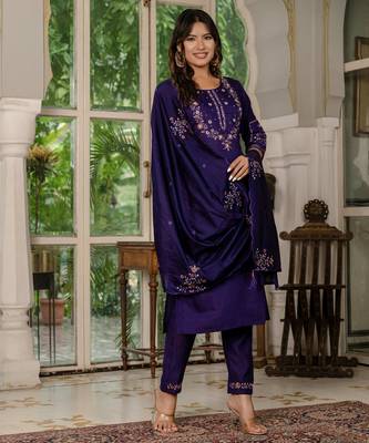 Violet embroidered marina silk straight kurti pant dupatta set 4