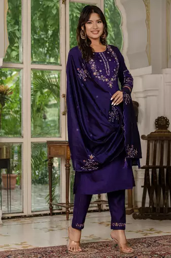 Violet embroidered marina silk straight kurti pant dupatta set