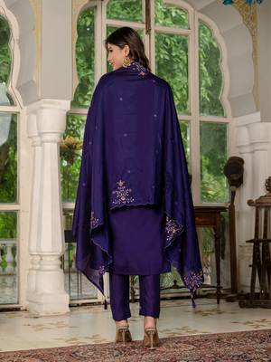 Violet embroidered marina silk straight kurti pant dupatta set 5