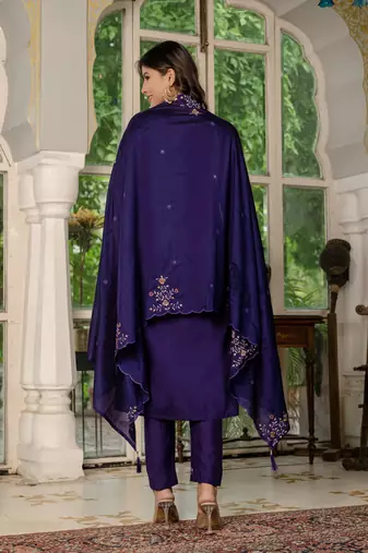 Violet embroidered marina silk straight kurti pant dupatta set