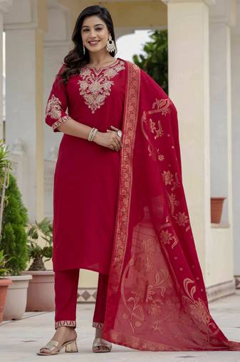 Maroon coding embroidery with sequins work  roman silk straight kurti pant dupatta set