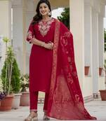 Maroon coding embroidery with sequins work  roman silk straight kurti pant dupatta set