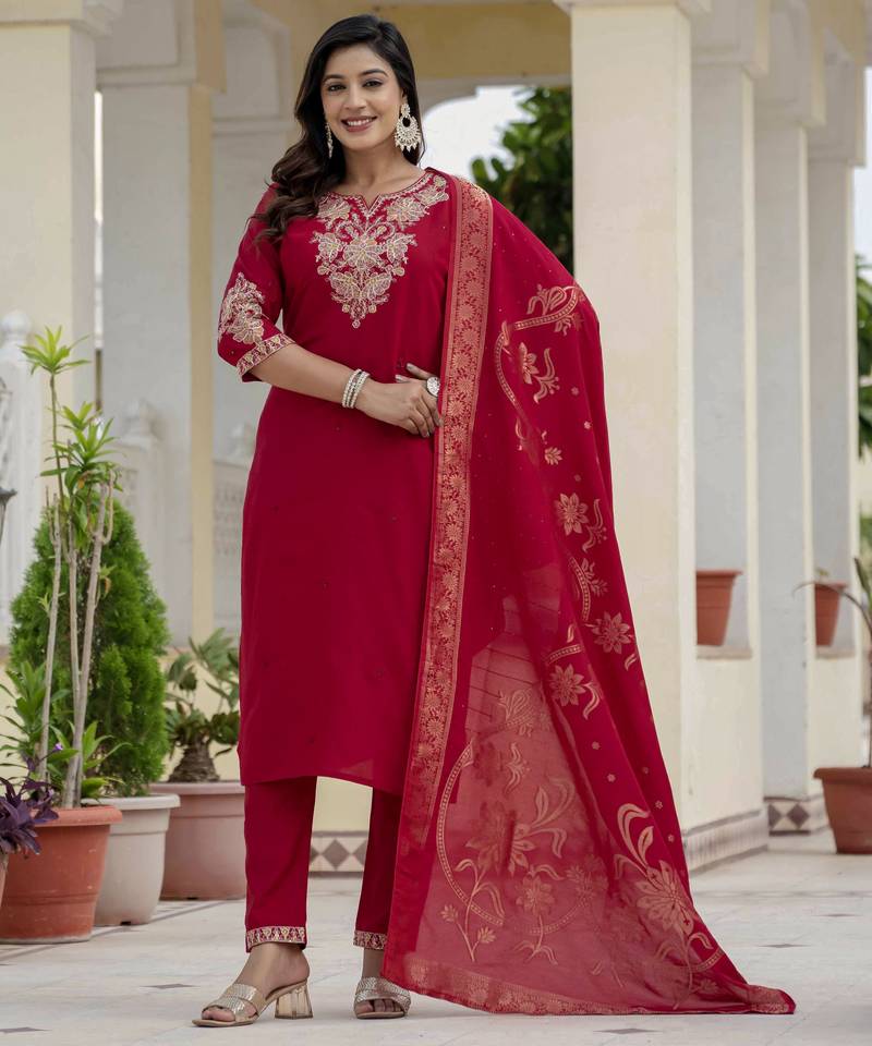 Maroon coding embroidery with sequins work  roman silk straight kurti pant dupatta set