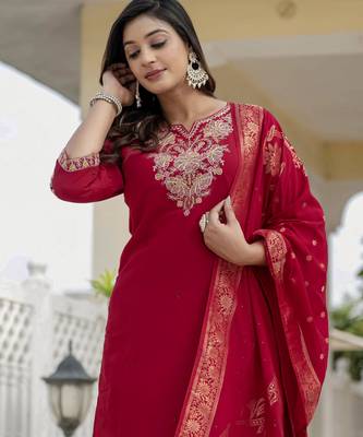 Maroon coding embroidery with sequins work roman silk straight kurti pant dupatta set 2