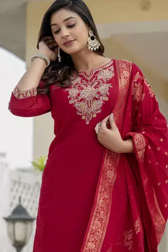 Maroon coding embroidery with sequins work  roman silk straight kurti pant dupatta set