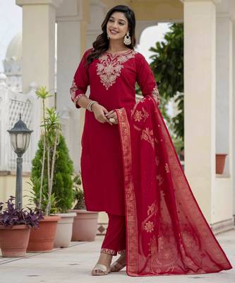 Maroon coding embroidery with sequins work roman silk straight kurti pant dupatta set 3