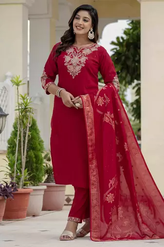 Maroon coding embroidery with sequins work  roman silk straight kurti pant dupatta set