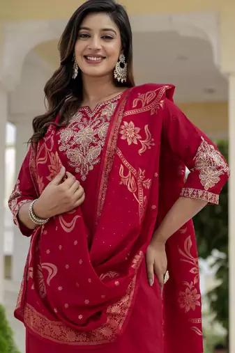 Maroon coding embroidery with sequins work  roman silk straight kurti pant dupatta set
