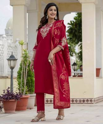 Maroon coding embroidery with sequins work roman silk straight kurti pant dupatta set 5