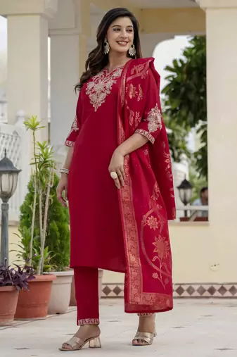 Maroon coding embroidery with sequins work  roman silk straight kurti pant dupatta set