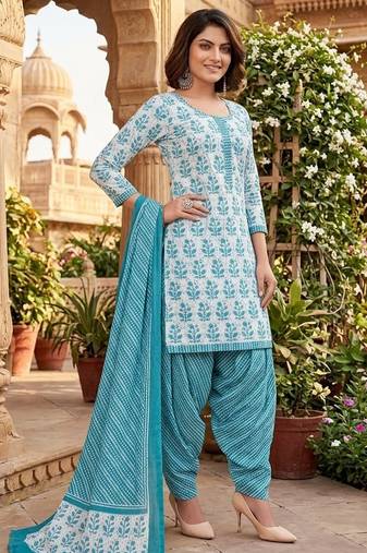 Teal printed cotton blend stitched floral print salwar kurta dupatta for women