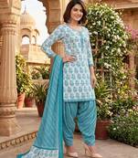 Teal printed cotton blend stitched floral print salwar kurta dupatta for women