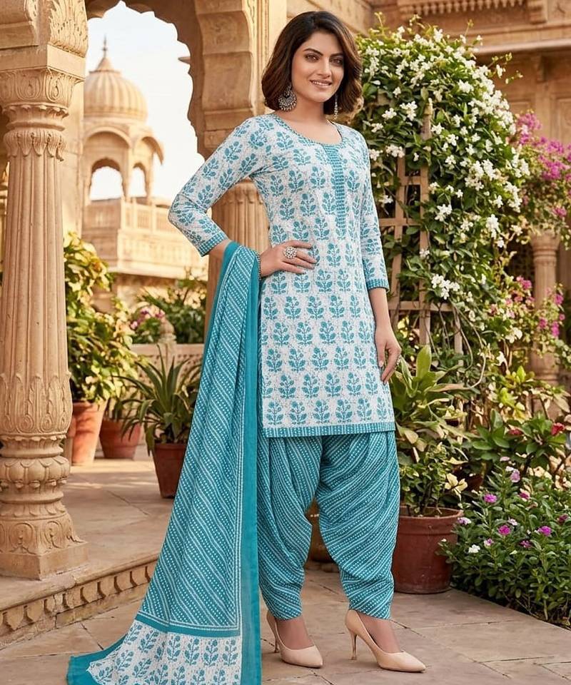 Teal printed cotton blend stitched floral print salwar kurta dupatta for women