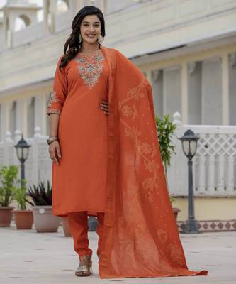 Orange coding embroidery with sequins work roman silk straight kurti pant dupatta set 1