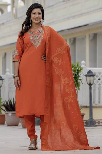 Orange coding embroidery with sequins work  roman silk straight kurti pant dupatta set