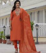 Orange coding embroidery with sequins work  roman silk straight kurti pant dupatta set