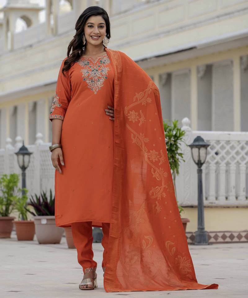 Orange coding embroidery with sequins work  roman silk straight kurti pant dupatta set