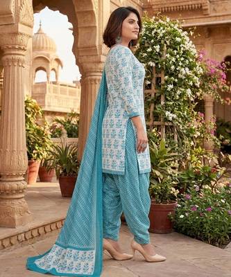 Teal printed cotton blend stitched floral print salwar kurta dupatta for women 2