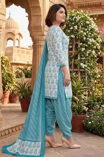 Teal printed cotton blend stitched floral print salwar kurta dupatta for women