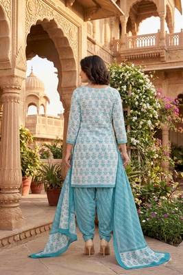 Teal printed cotton blend stitched floral print salwar kurta dupatta for women 3