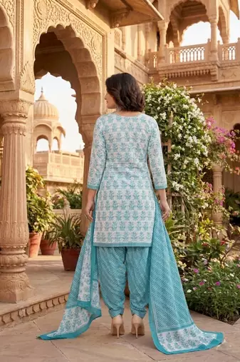 Teal printed cotton blend stitched floral print salwar kurta dupatta for women