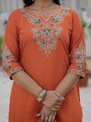 Orange coding embroidery with sequins work roman silk straight kurti pant dupatta set 2