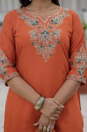 Orange coding embroidery with sequins work  roman silk straight kurti pant dupatta set