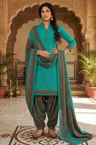 Teal printed cotton blend stitched geometric print salwar kurta dupatta for women