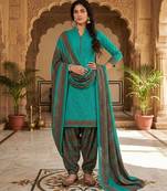 Teal printed cotton blend stitched geometric print salwar kurta dupatta for women