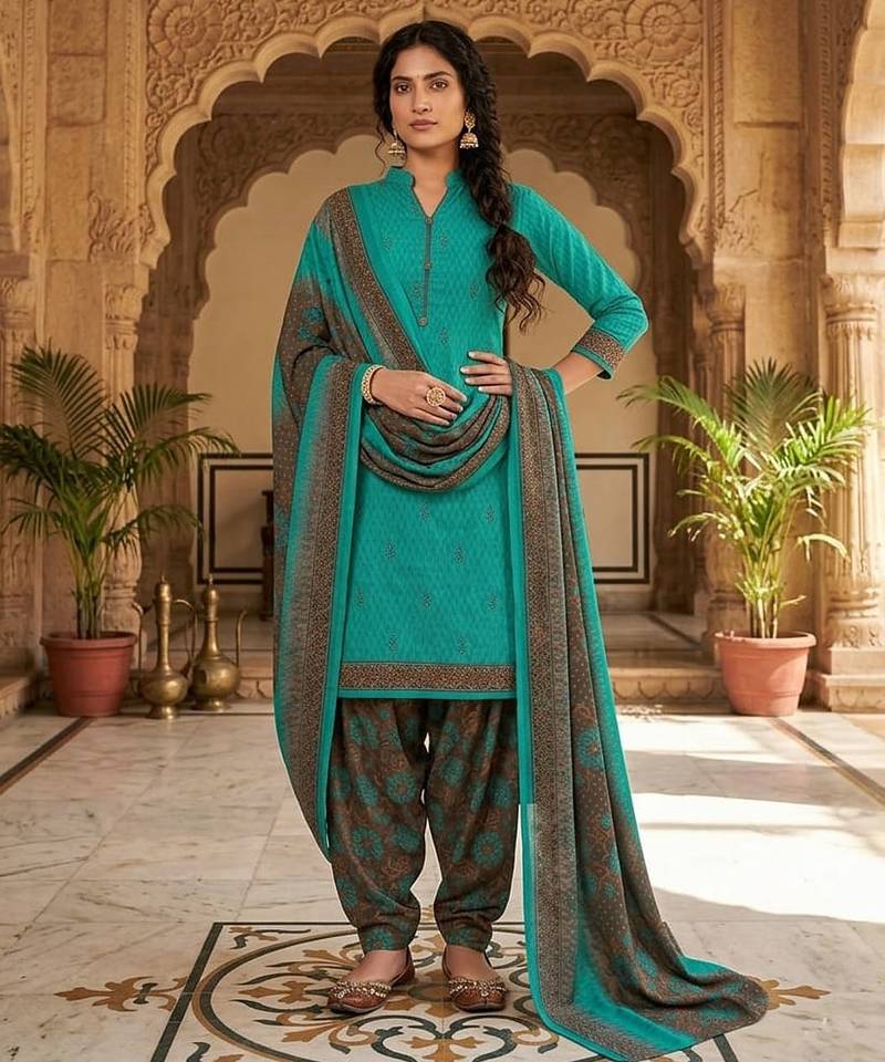 Teal printed cotton blend stitched geometric print salwar kurta dupatta for women