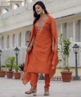 Orange coding embroidery with sequins work roman silk straight kurti pant dupatta set 3