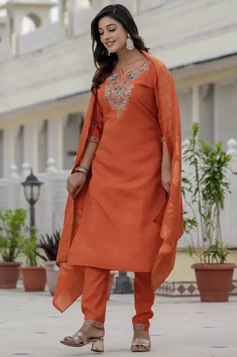 Orange coding embroidery with sequins work  roman silk straight kurti pant dupatta set